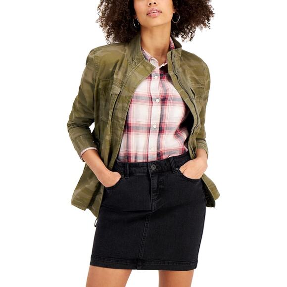 Style & Co Jacket Camo Print Coat Zip-Up Drawstring-Waist WMN L Green Button Zip - Picture 2 of 11